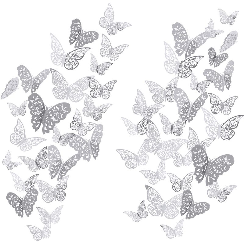 Bememo 72 Pieces 3D Butterfly Wall Decals Sticker Decal Wall Decor Art Decorative Sticker 3 Sizes for Room Home Nursery Classroom Offices Bedroom Bathroom Living Room Decor(Silver) - Image 1